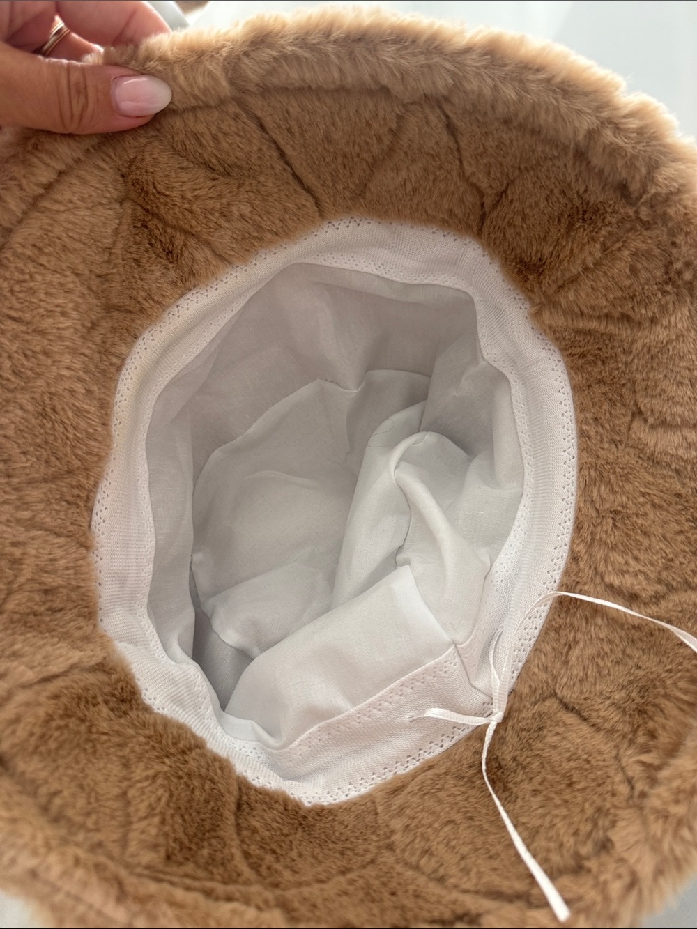 Prada Light Brown Faux Fur Bucket Hat with Logo Plaque - Picture 3 of 4